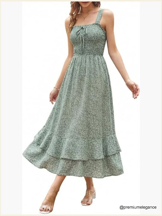 Dresses & Skirts - Floral Boho Maxi Dress Square Neck Strapped Swing A-Line Sundress Beach